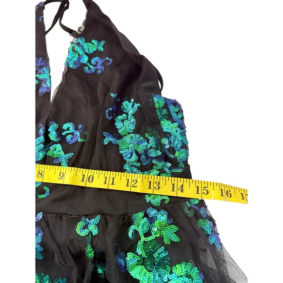 Love & Lemonade Maxi Gown Womens Black Green Sequin Double Slit Hollywood Glam - Picture 14 of 16